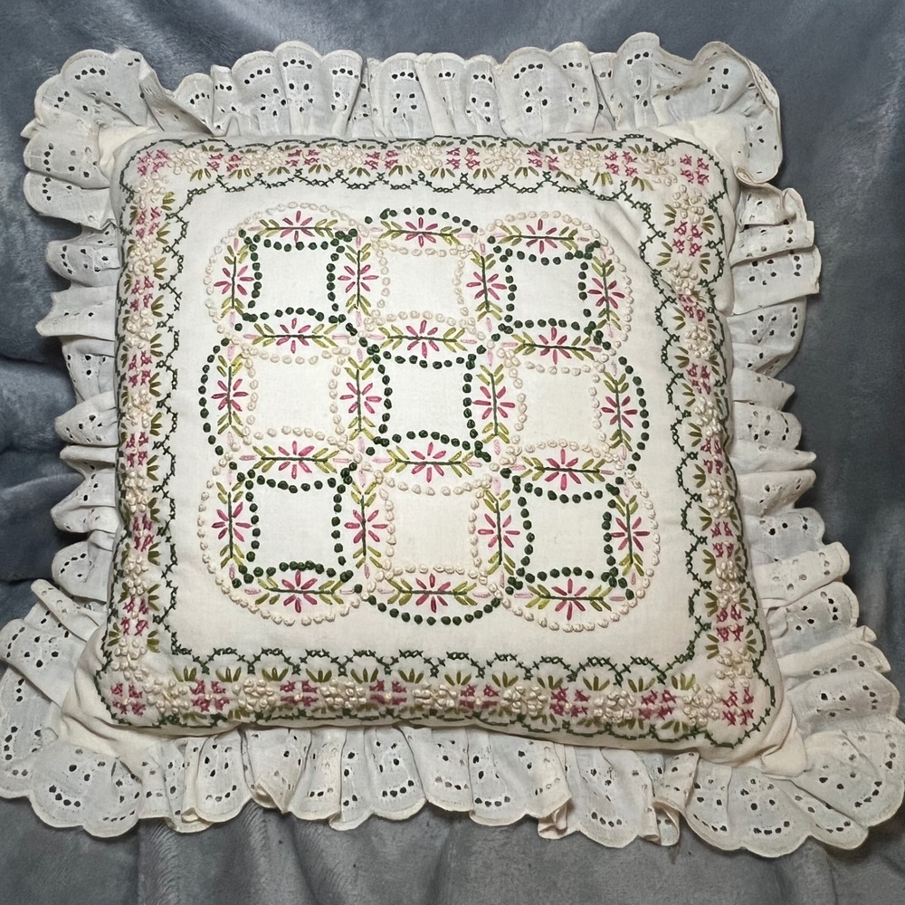 Vintage Cottagecore Embroidered Eyelet Ruffle Pillow Granny Floral Handmade